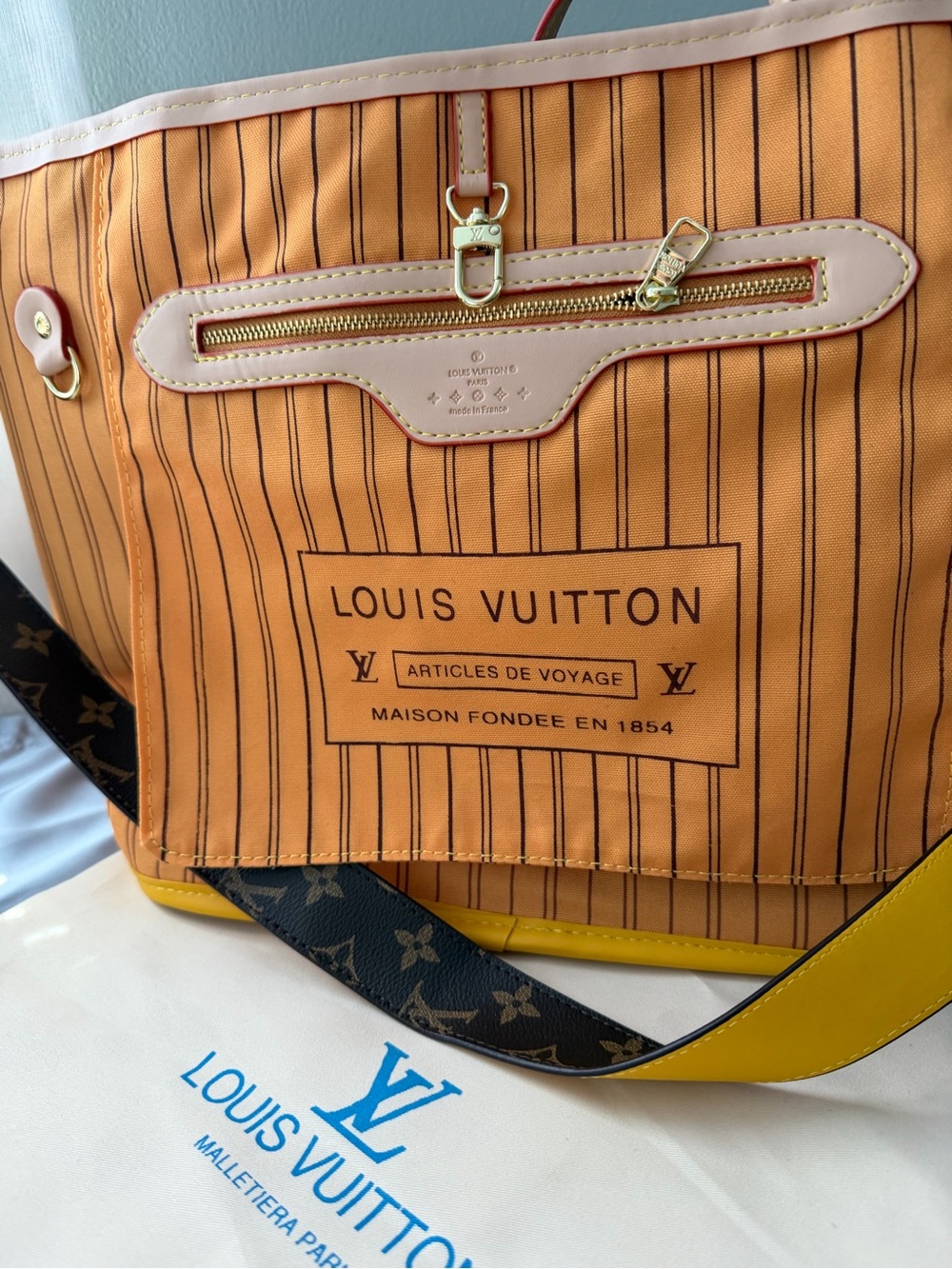 Louis Vuitton Orange and Yellow Striped Canvas Tote with Monogram Strap